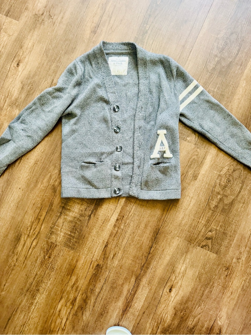 Mens Vintage Y2K Abercrombie & Fitch Gray Varsity Button-Up Cardigan with Patch